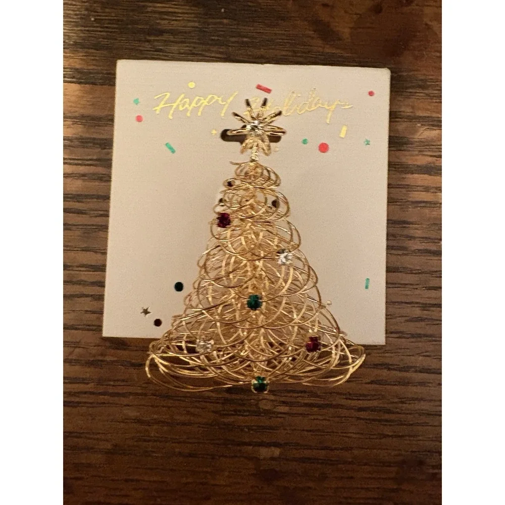 Vintage gold-tone Spaghetti wire Christmas tree brooch w/ rhinestone Ornaments